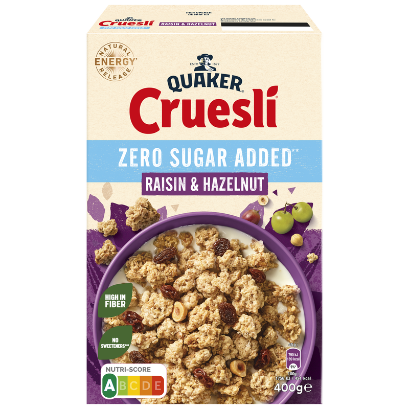 QUAKER® CRUESLI ZERO SUGAR ADDED RAISIN & HAZELNUT