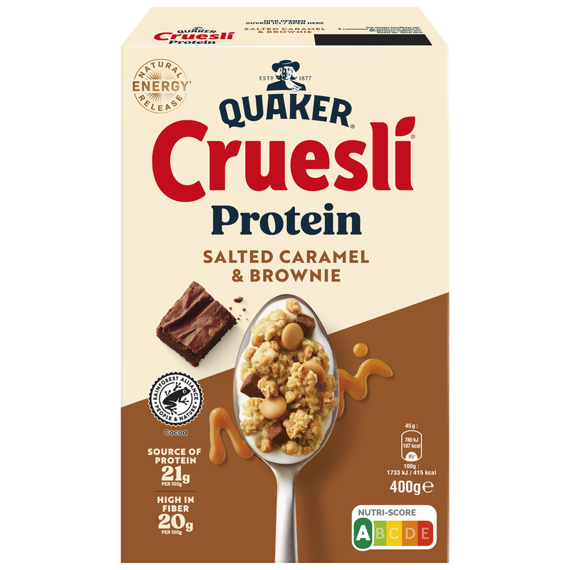 QUAKER® CRUESLI PROTEIN SALTED CARAMEL & BROWNIE