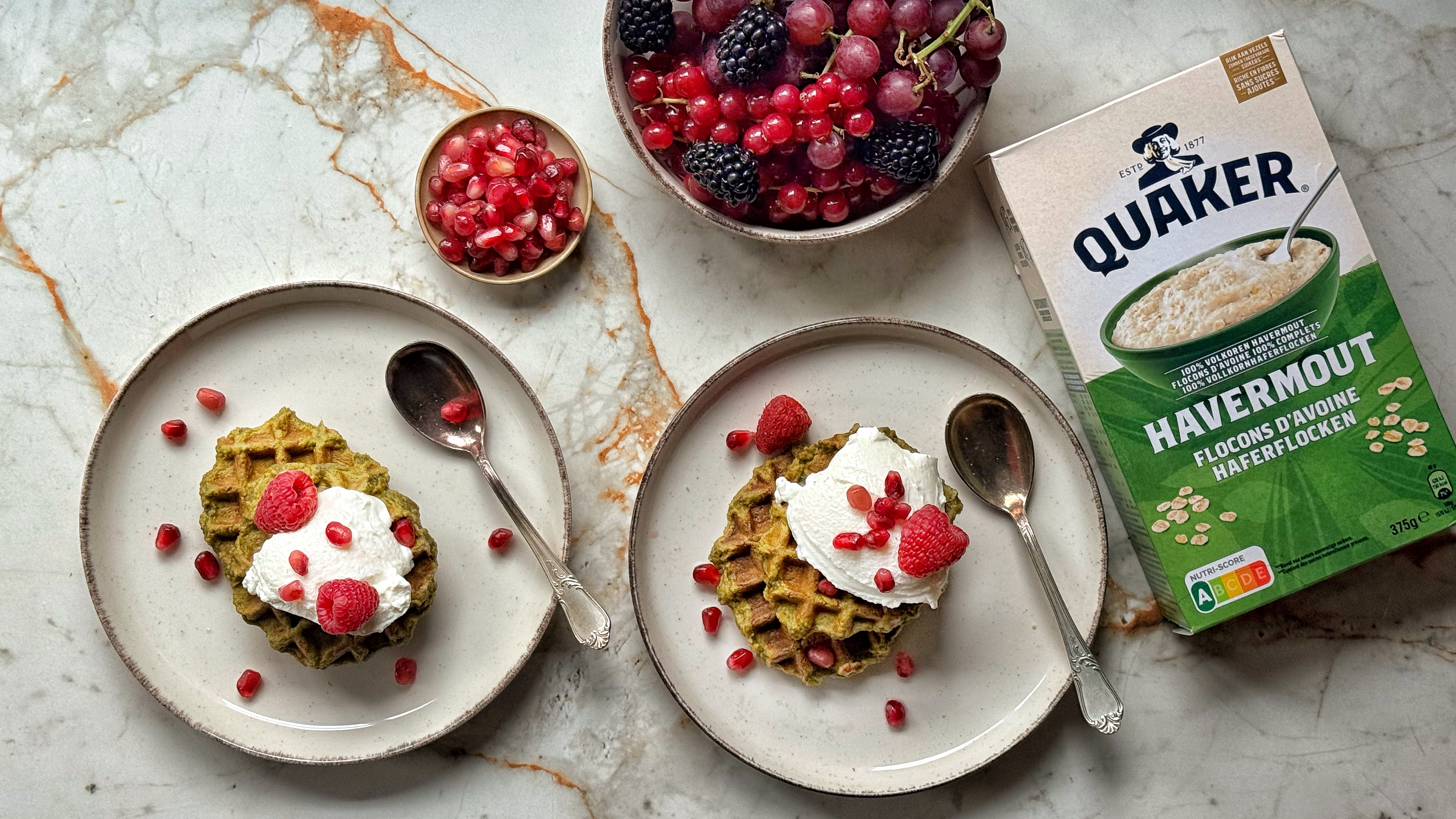 Maniok, Quaker® havermout & matcha wafel 