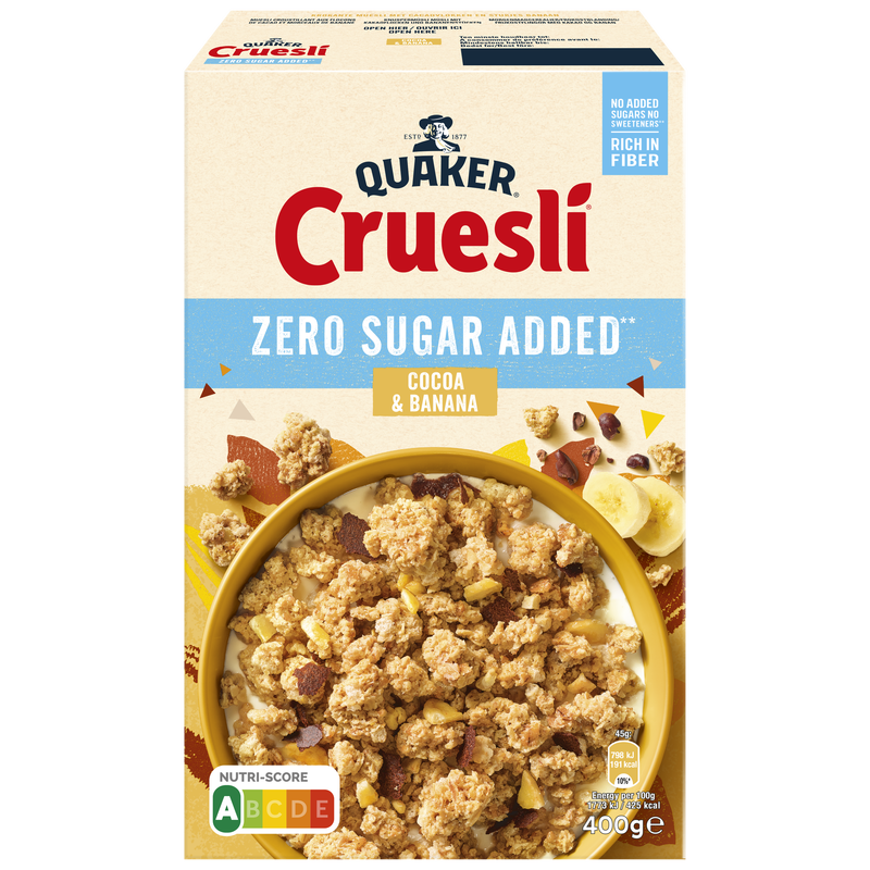 QUAKER® CRUESLI ZERO SUGAR ADDED COCOA&BANANA